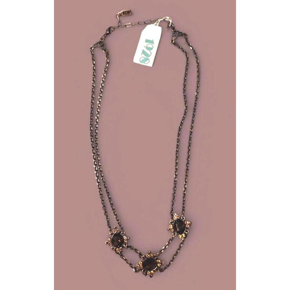 NOS 1928 Jewelry Ornate Floral Necklace 16" ADJ Antique Gold Tone Dark Stones
